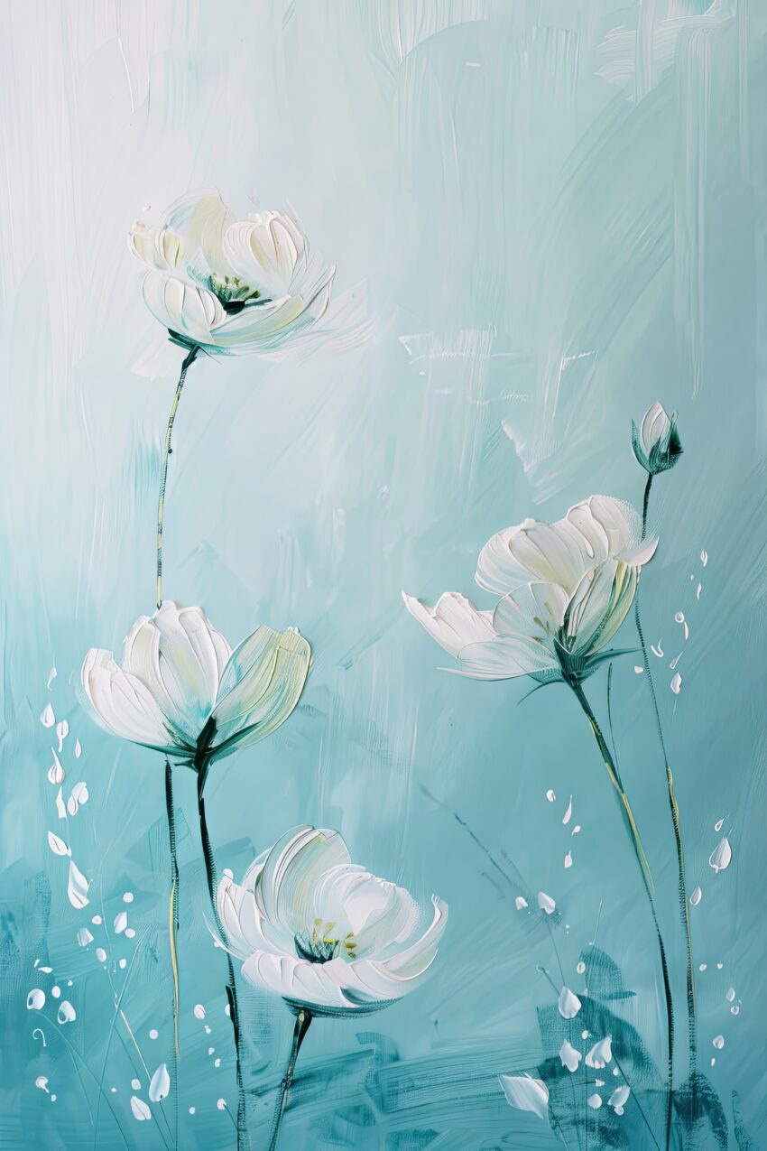 Malerei Poster weiße Blüten Stiele hell minimal