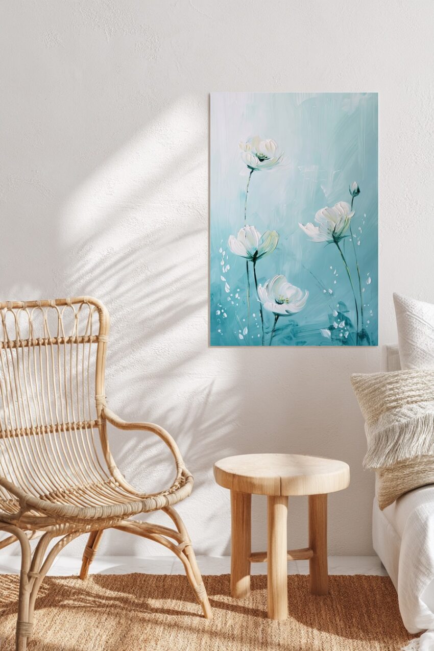 Malerei Poster weiße Blüten Stiele hell minimal