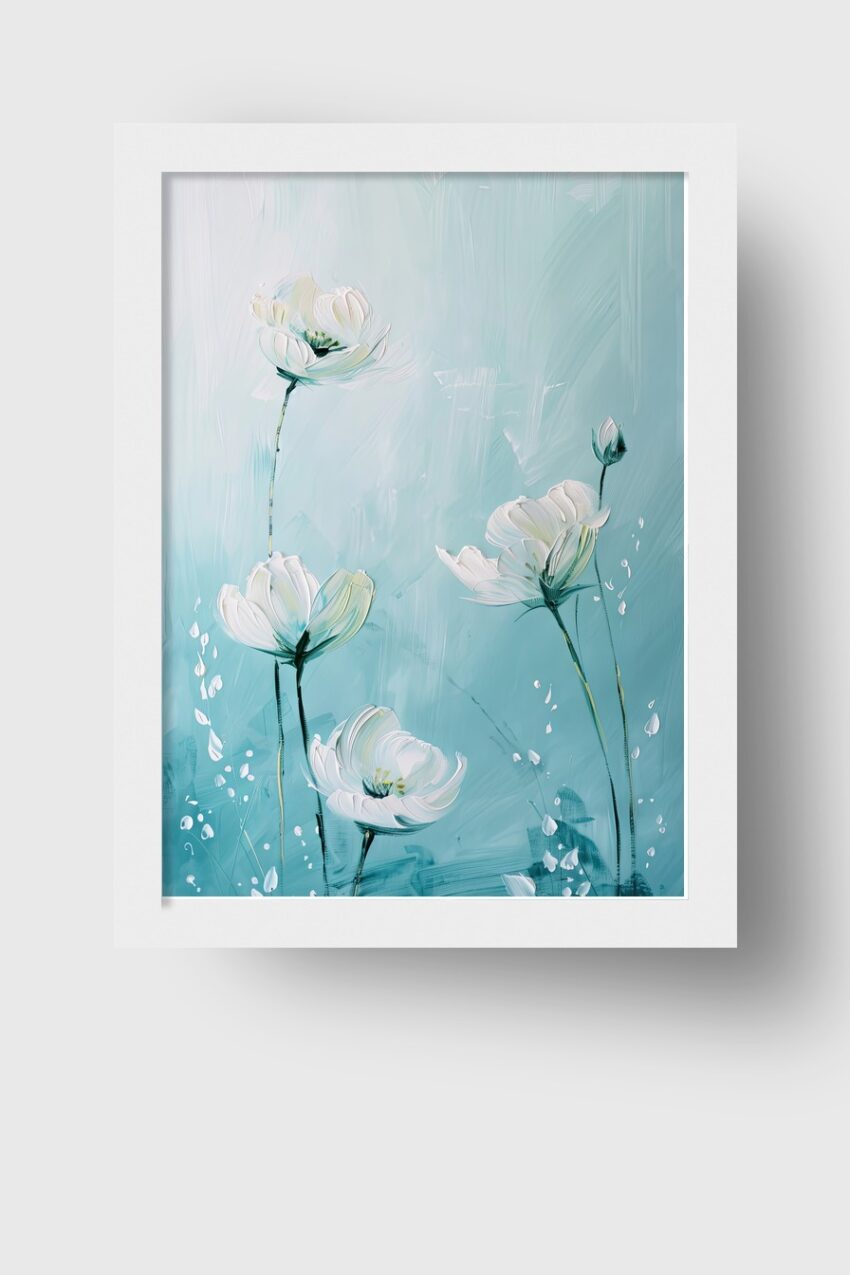 Malerei Poster weiße Blüten Stiele hell minimal