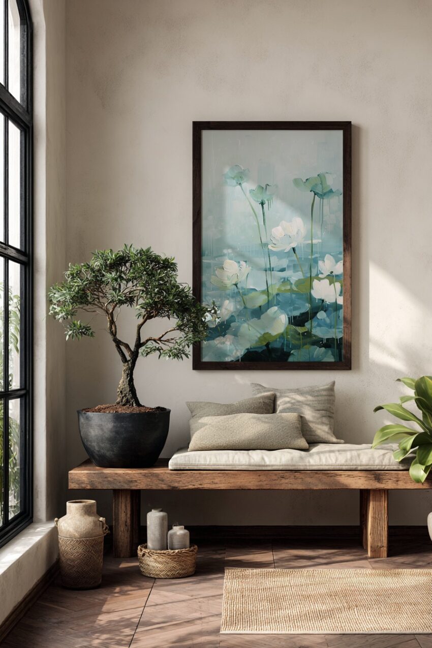 Malerei Poster Seerosen ruhig weiß grün