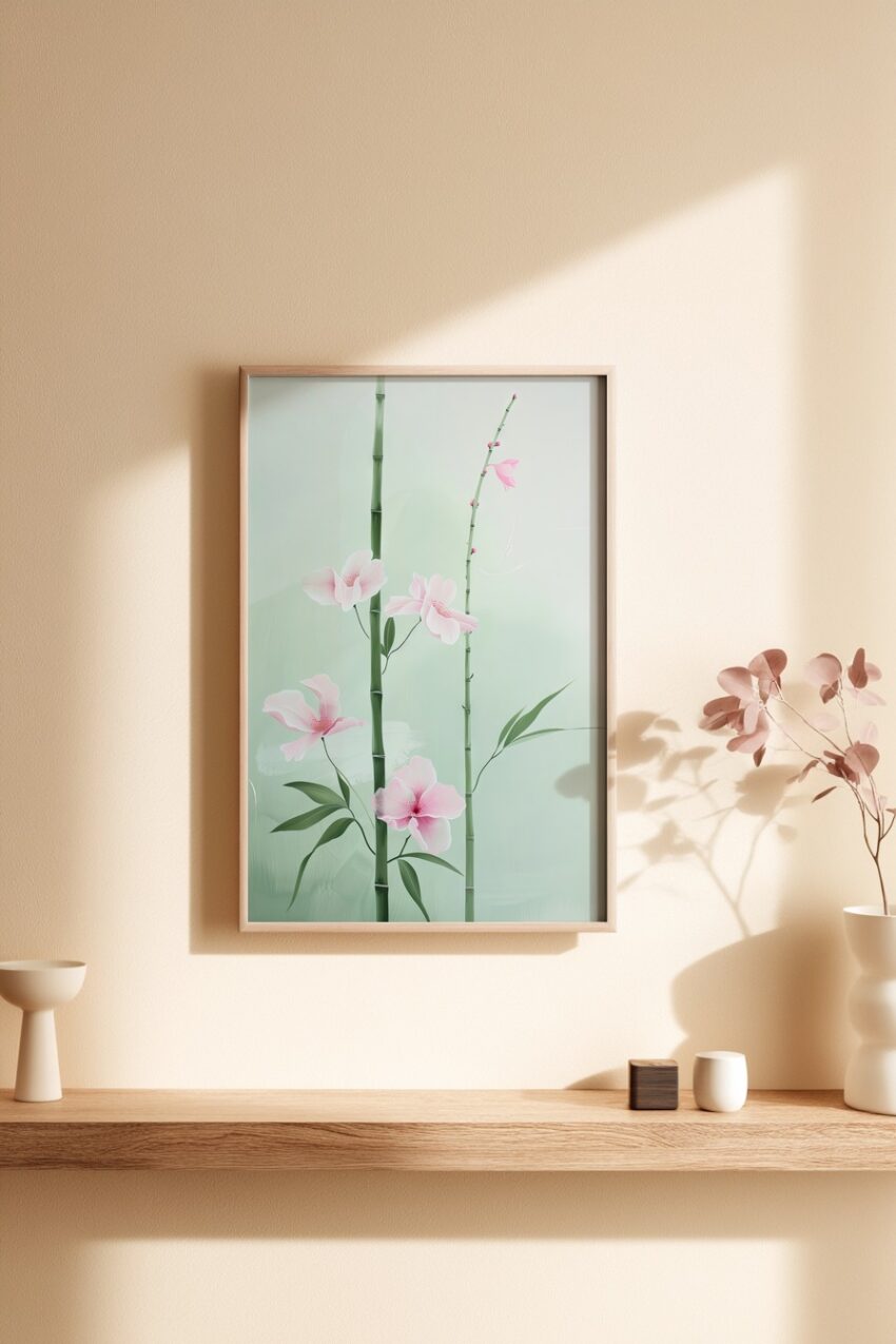 Illustration Poster Bambus rosa zart grün