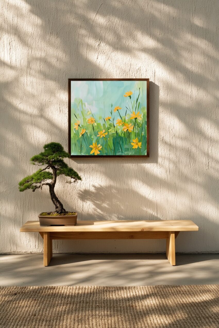 Malerei Poster gelbe Blumenwiese lebendig grün gelb