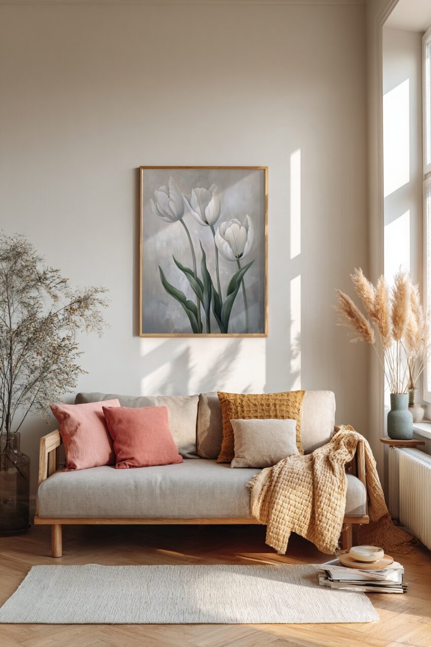 Malerei Poster Tulpen weiß minimalistisch grün