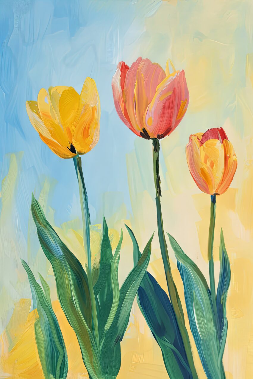 Malerei Poster Tulpen gelb rot sommerlich blau gelb