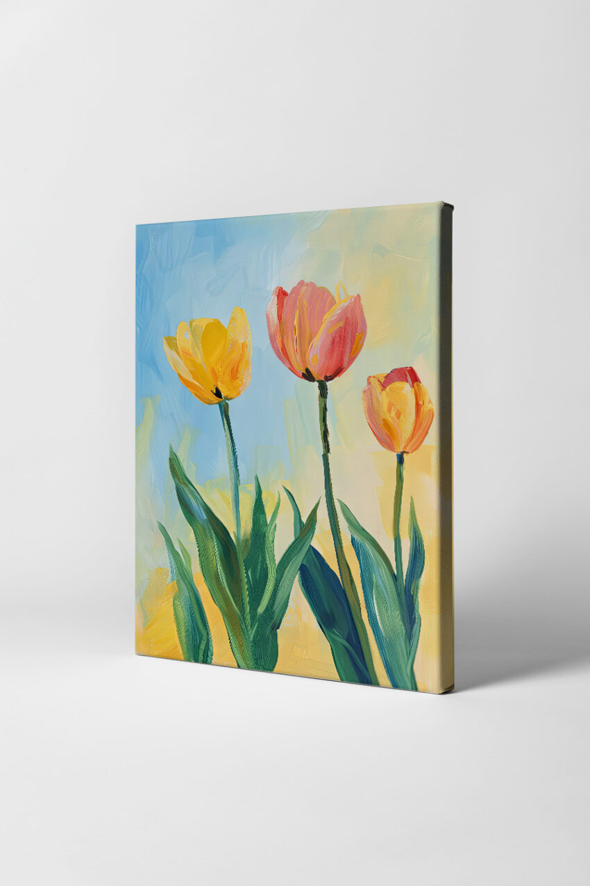 Malerei Poster Tulpen gelb rot sommerlich blau gelb