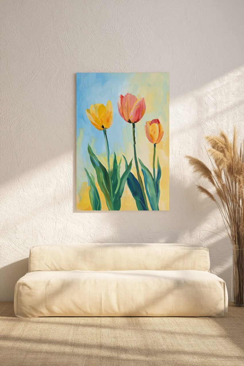 Malerei Poster Tulpen gelb rot sommerlich blau gelb