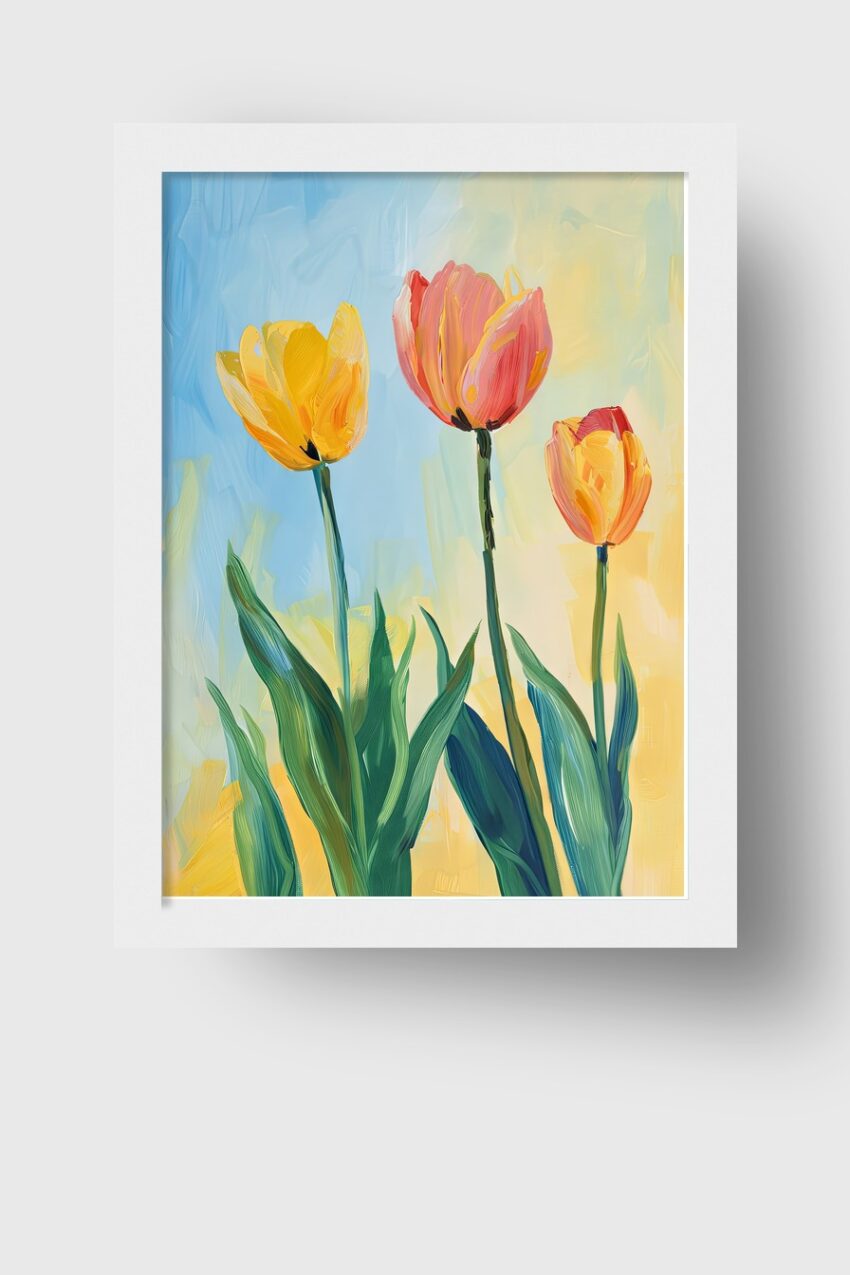 Malerei Poster Tulpen gelb rot sommerlich blau gelb
