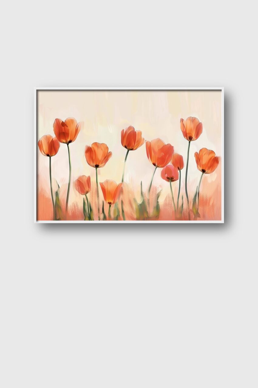 Illustration Poster Tulpenfeld orange lichtdurchflutet zart