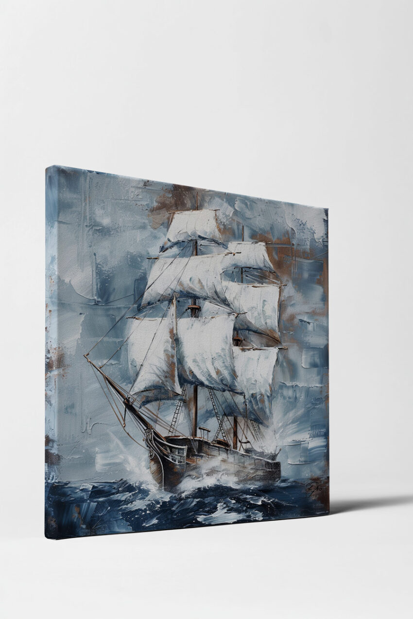 Malerei Poster Segelschiff Sturm maritime dunkelblau weiß