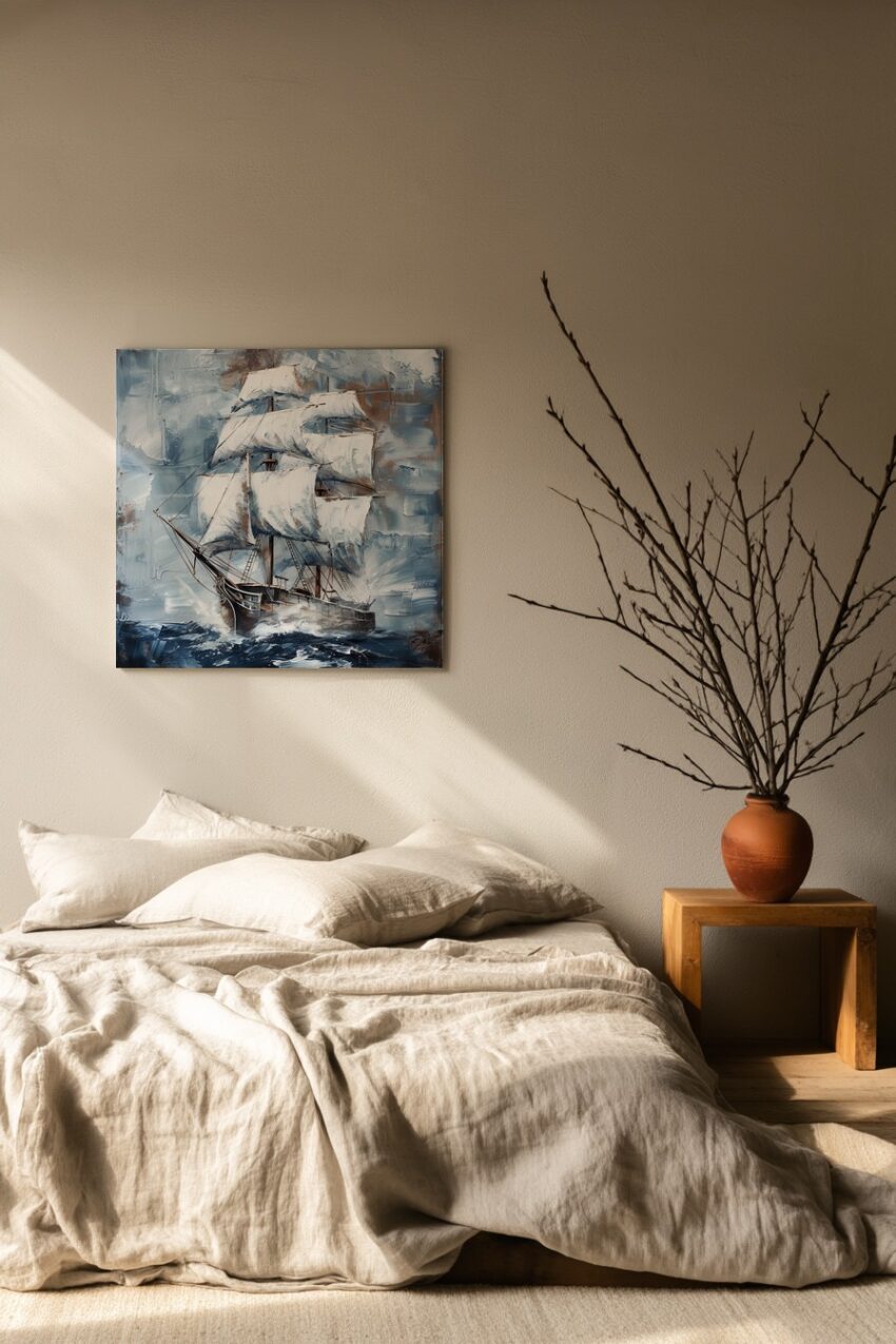 Malerei Poster Segelschiff Sturm maritime dunkelblau weiß