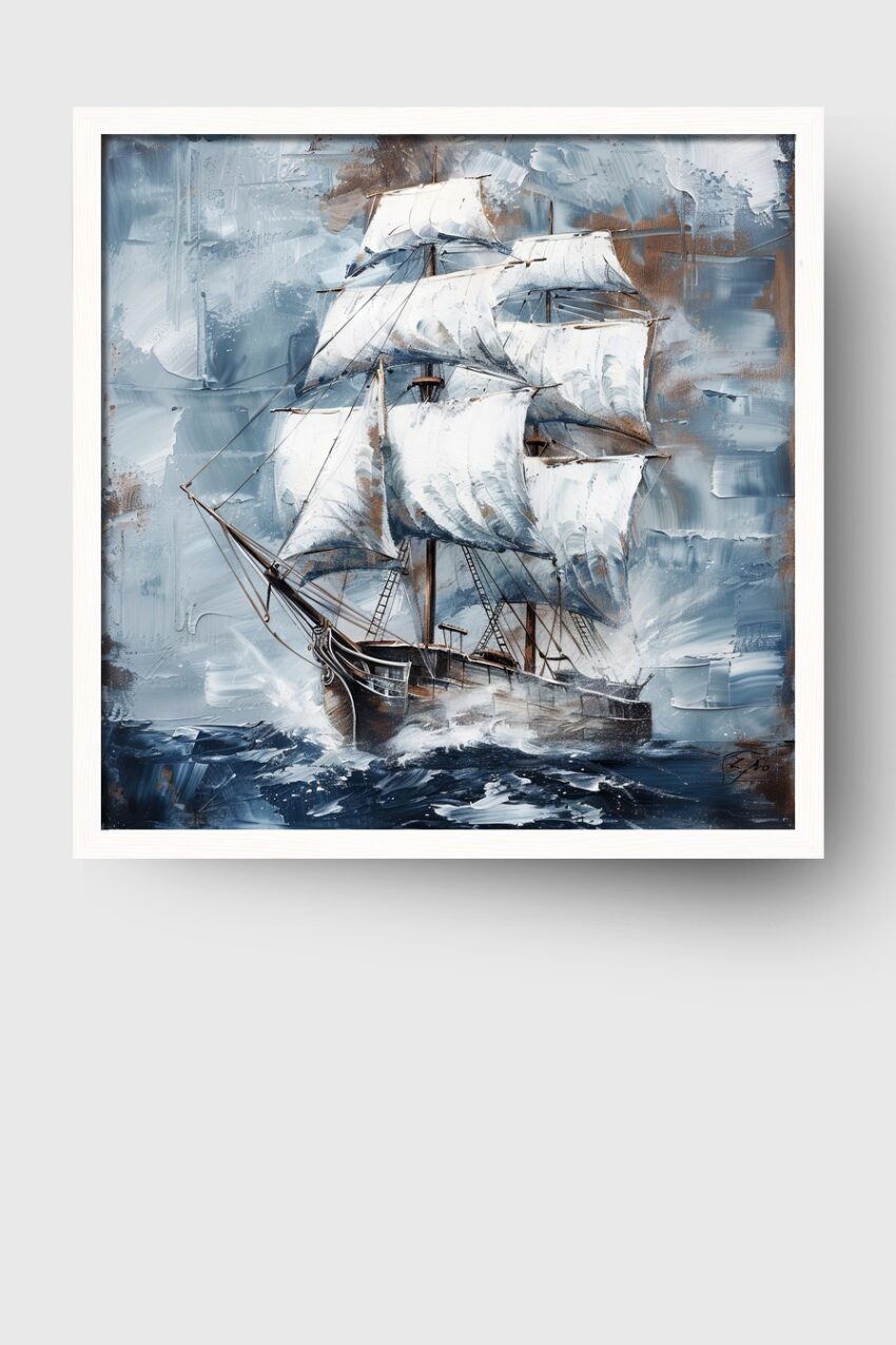 Malerei Poster Segelschiff Sturm maritime dunkelblau weiß