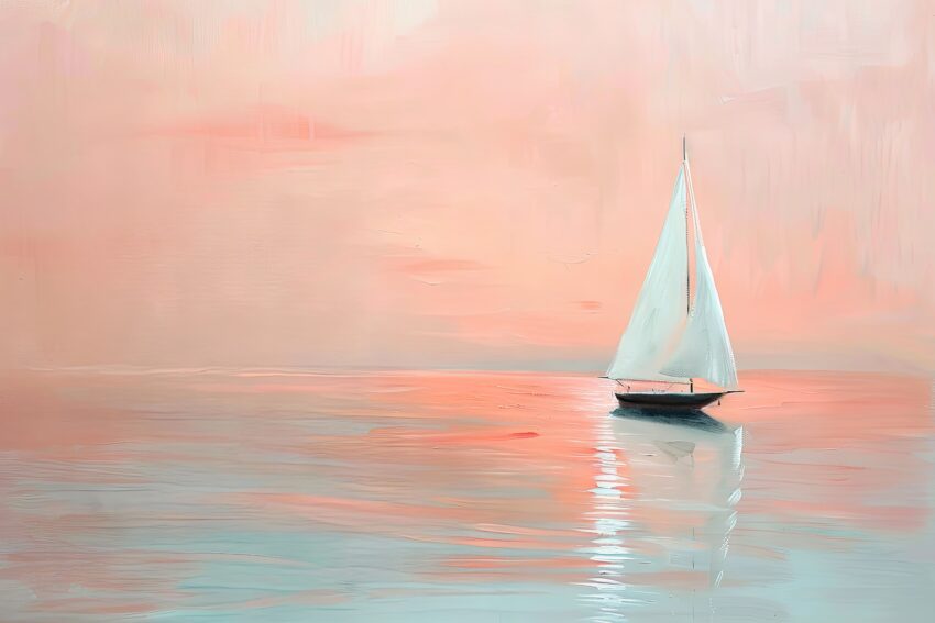 Malerei Poster Segelboot weiße Segel rosa Wasser