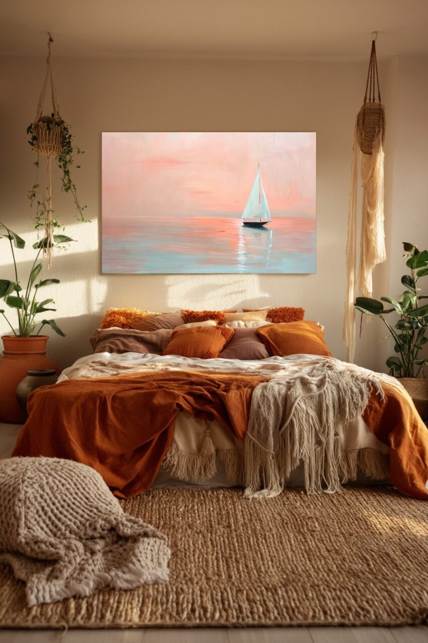 Malerei Poster Segelboot weiße Segel rosa Wasser