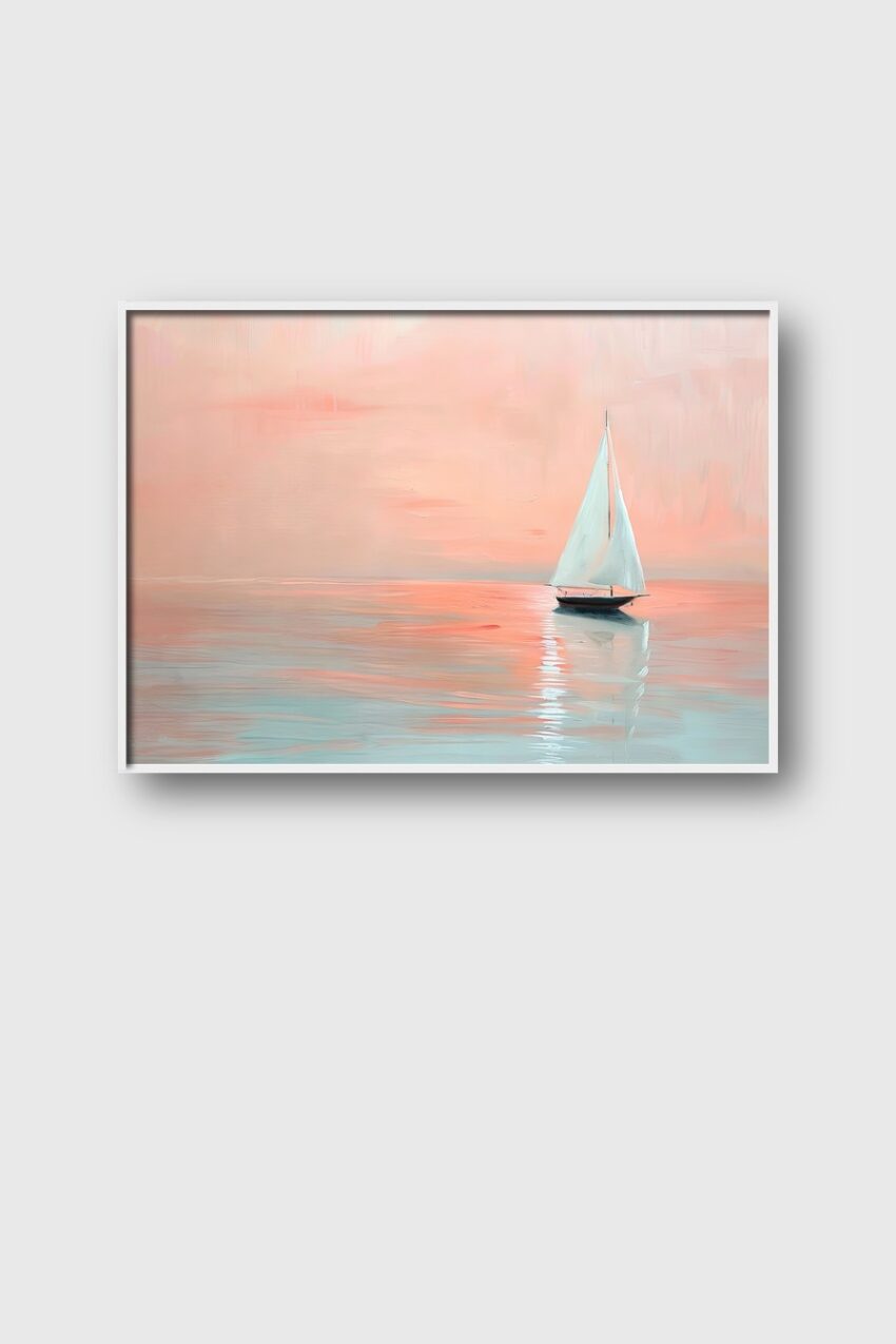 Malerei Poster Segelboot weiße Segel rosa Wasser