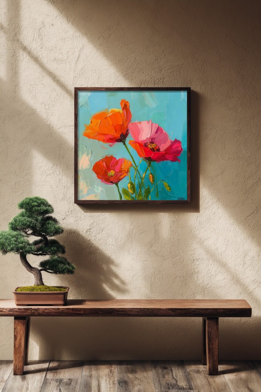 Moderne Malerei Poster Mohnblumen farbenfroh rot blau