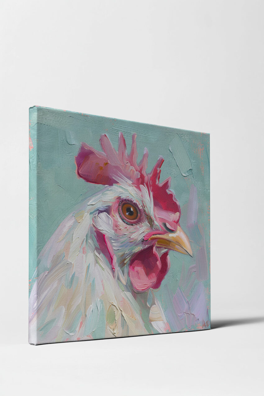 Ölgemälde Poster Hahn Kopf farbig rot weiß