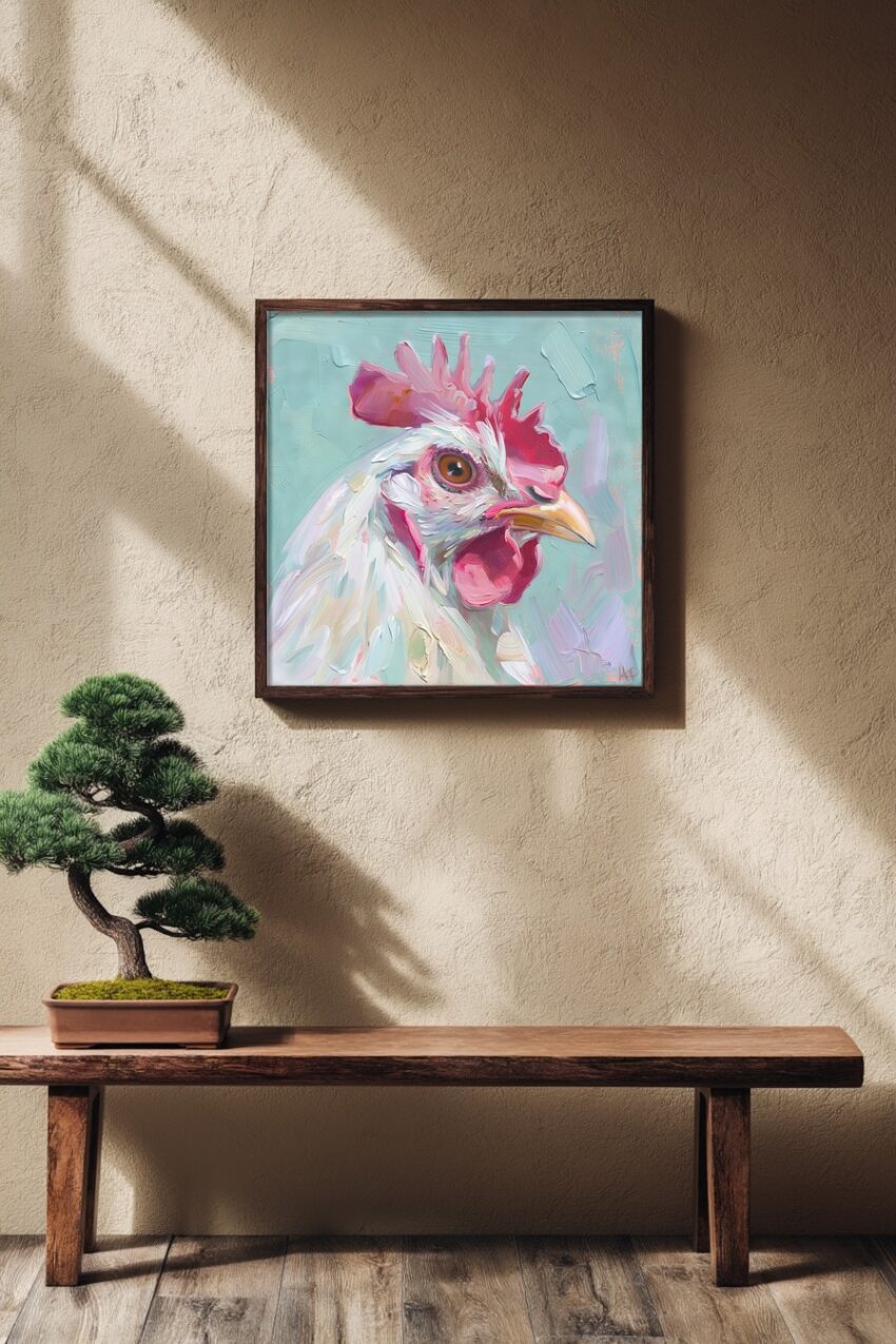 Ölgemälde Poster Hahn Kopf farbig rot weiß