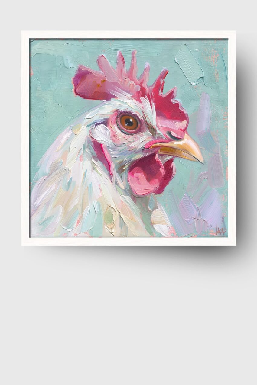 Ölgemälde Poster Hahn Kopf farbig rot weiß