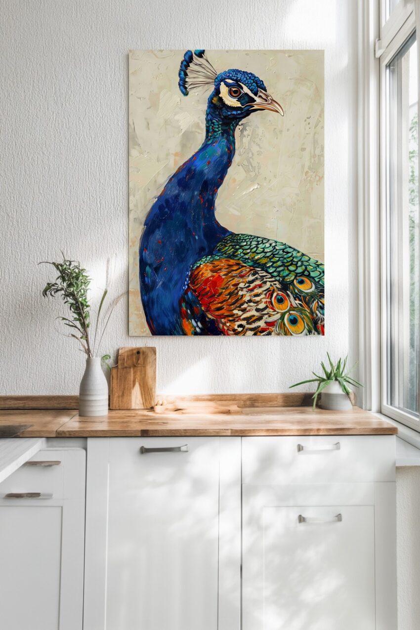 Malerei Poster Pfau farbig blau orange