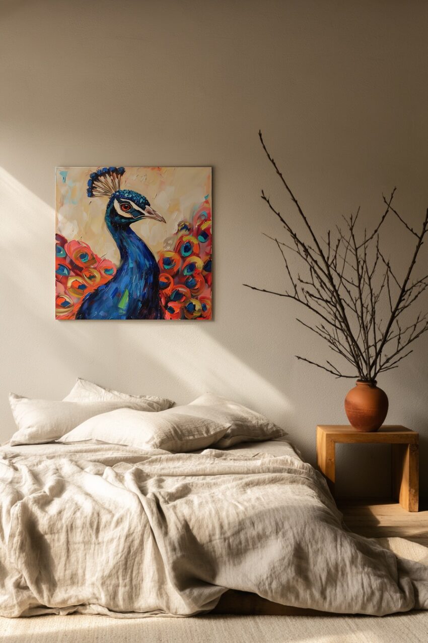 Malerei Poster Pfau Kopf farbig blau orange