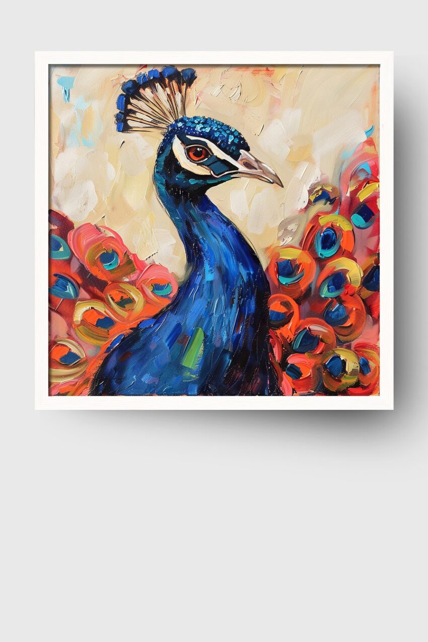 Malerei Poster Pfau Kopf farbig blau orange