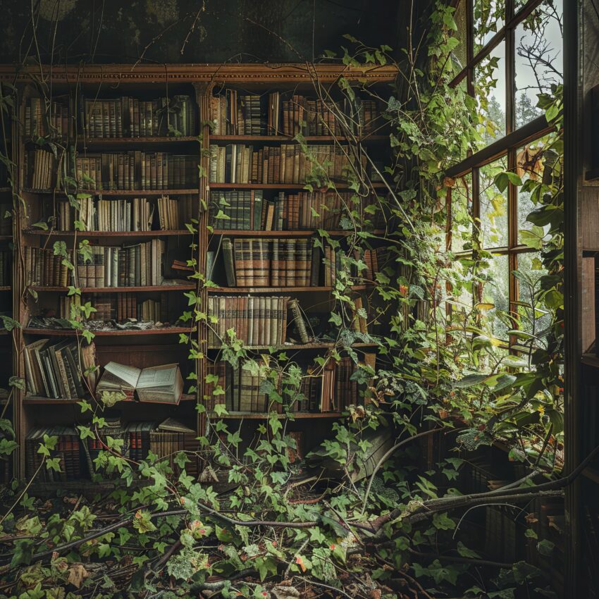 Fotografie Poster Bücherregal Efeu grün verwachsen alt