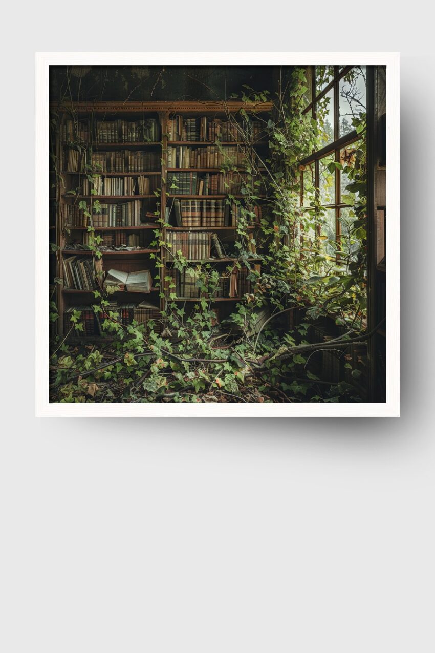 Fotografie Poster Bücherregal Efeu grün verwachsen alt