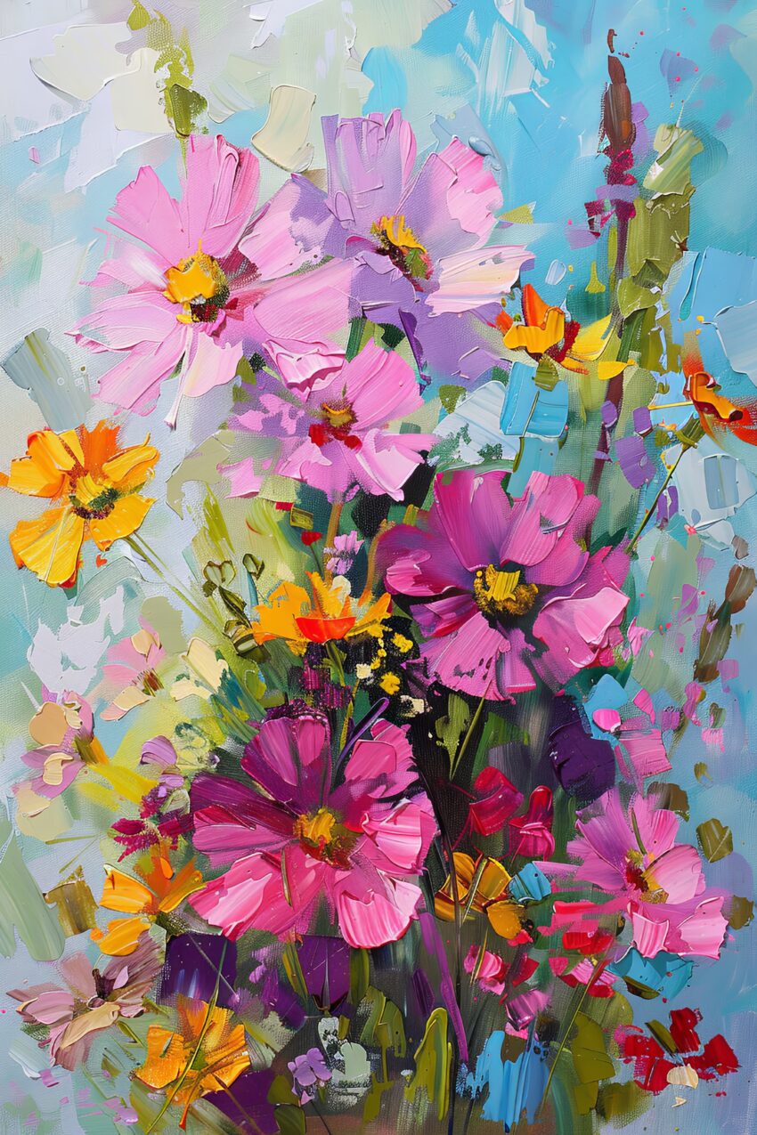 Malerei Poster Blumenstrauß bunt rosa gelb