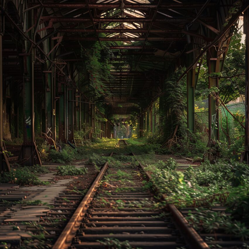 Fotografie Poster verlassene Bahngleise überwuchert grün dunkel