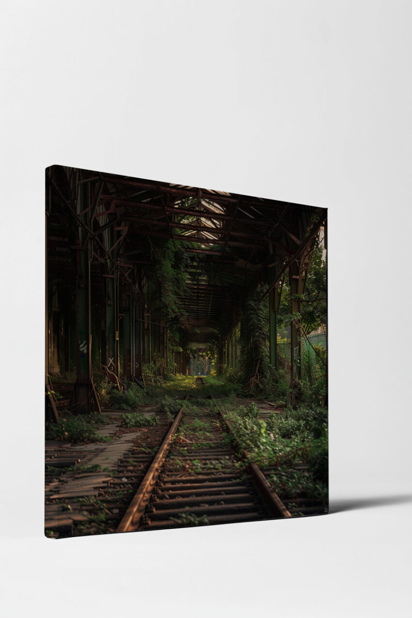 Fotografie Poster verlassene Bahngleise überwuchert grün dunkel