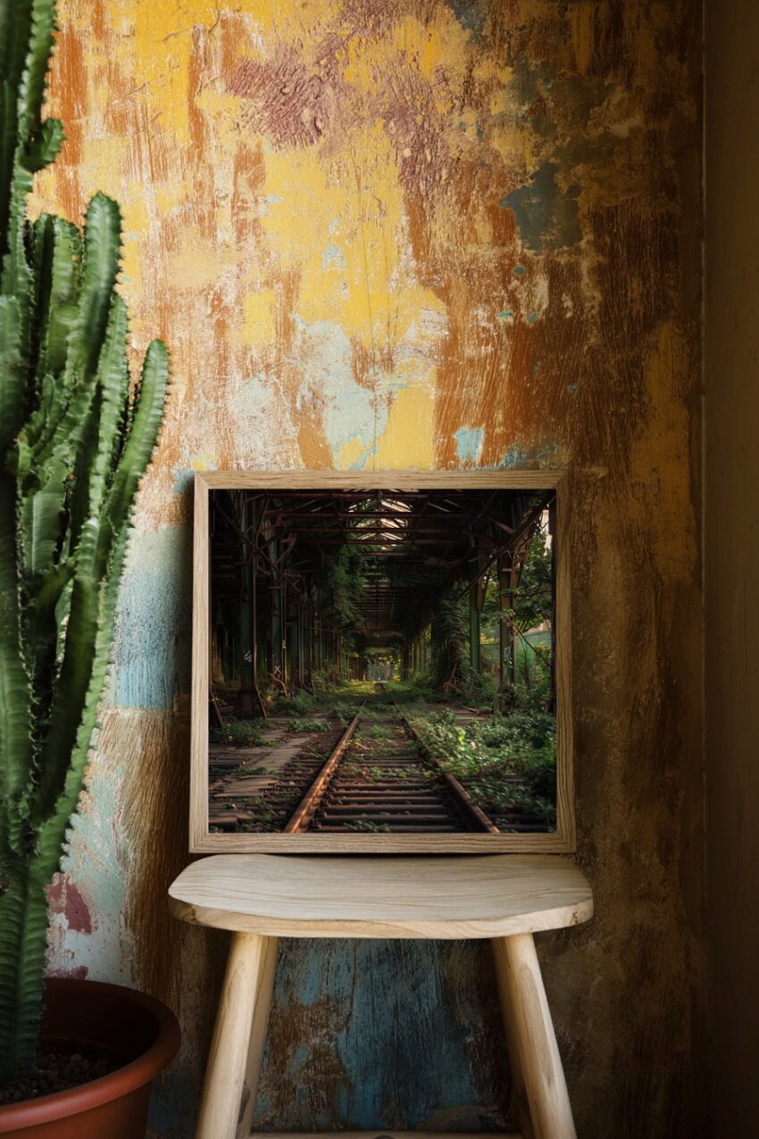 Fotografie Poster verlassene Bahngleise überwuchert grün dunkel