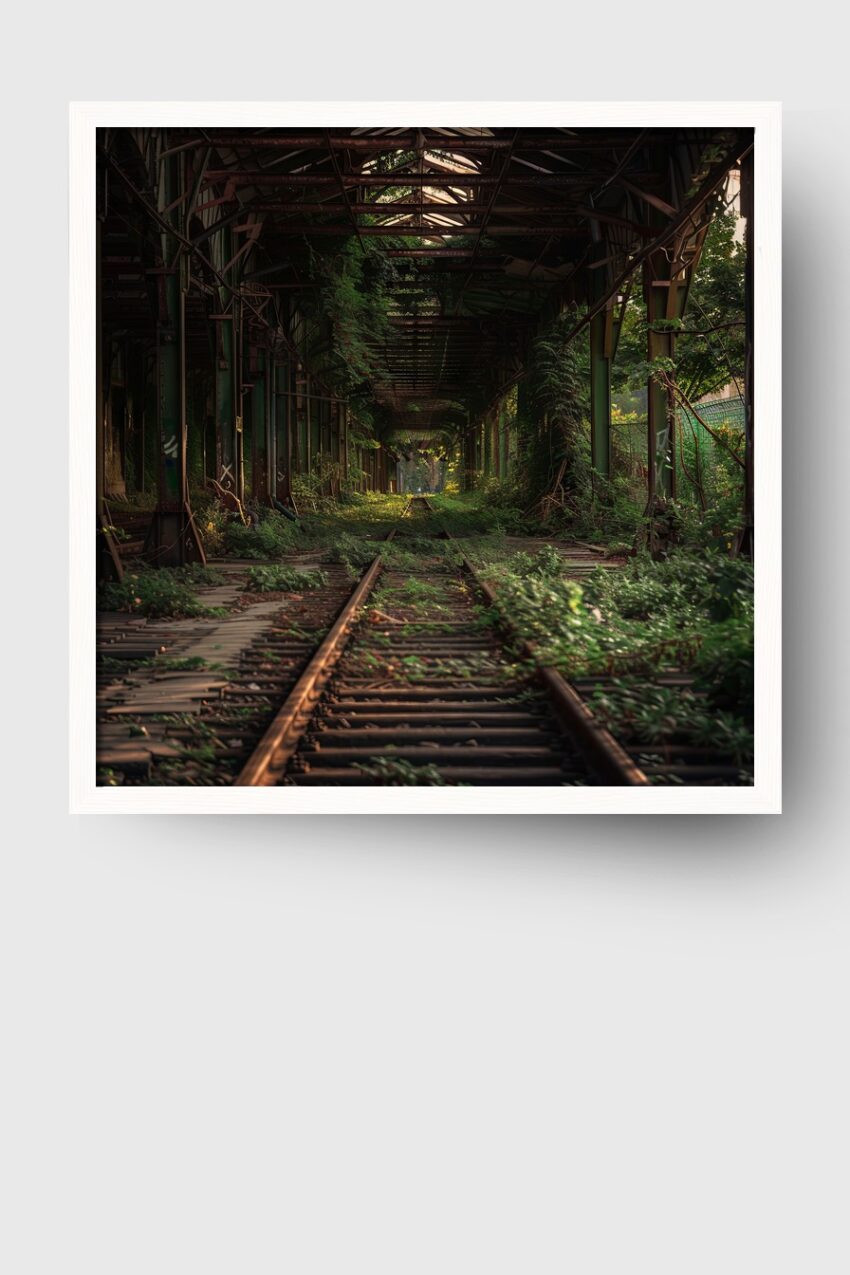 Fotografie Poster verlassene Bahngleise überwuchert grün dunkel