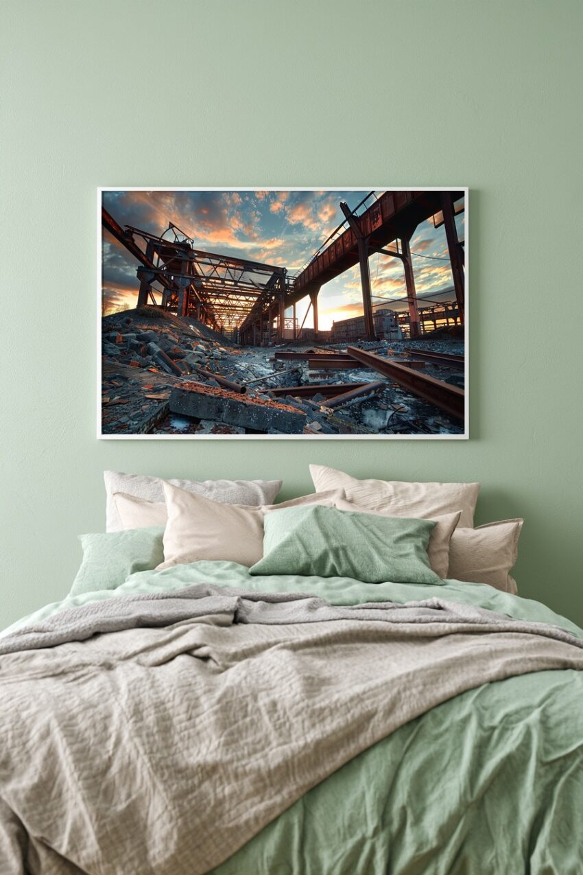 Fotografie Poster Industrieruine rostig Sonnenuntergang