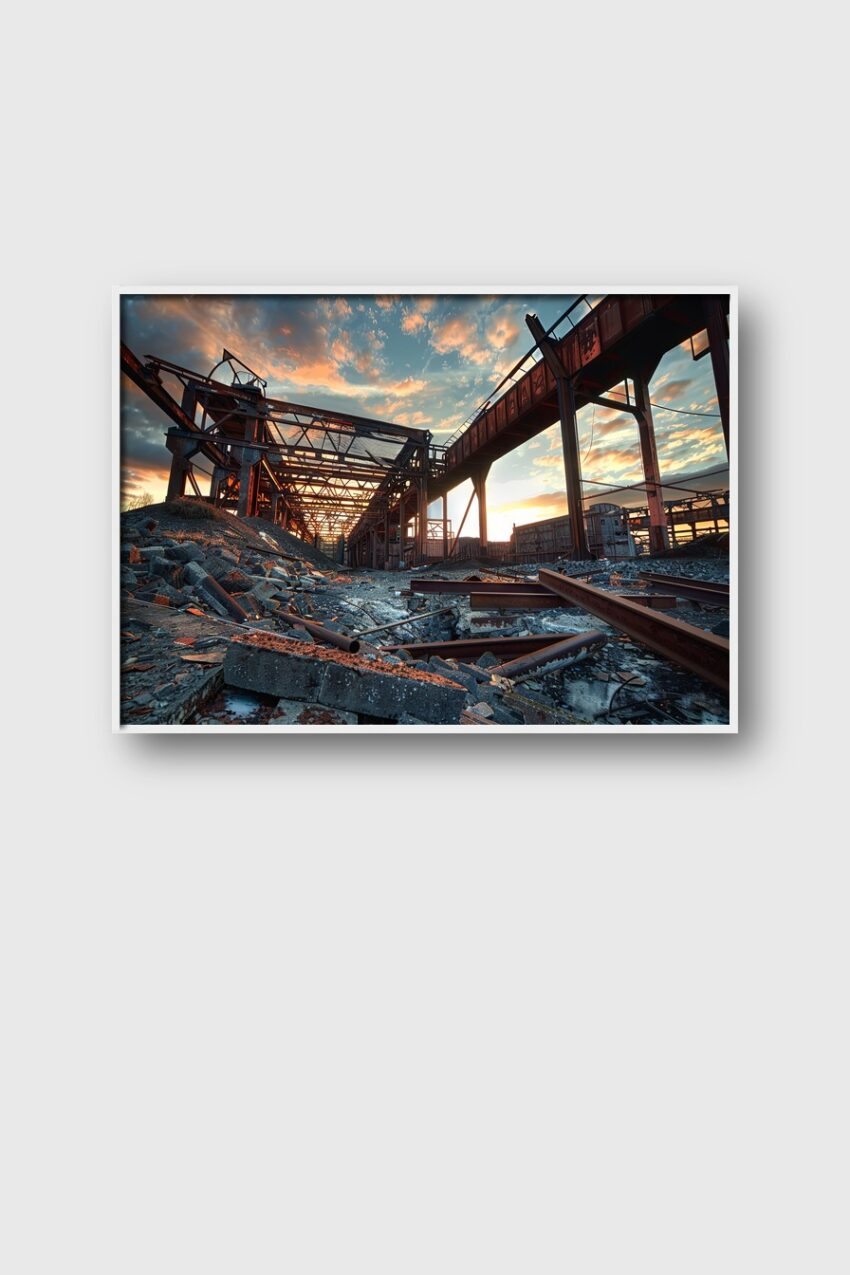Fotografie Poster Industrieruine rostig Sonnenuntergang