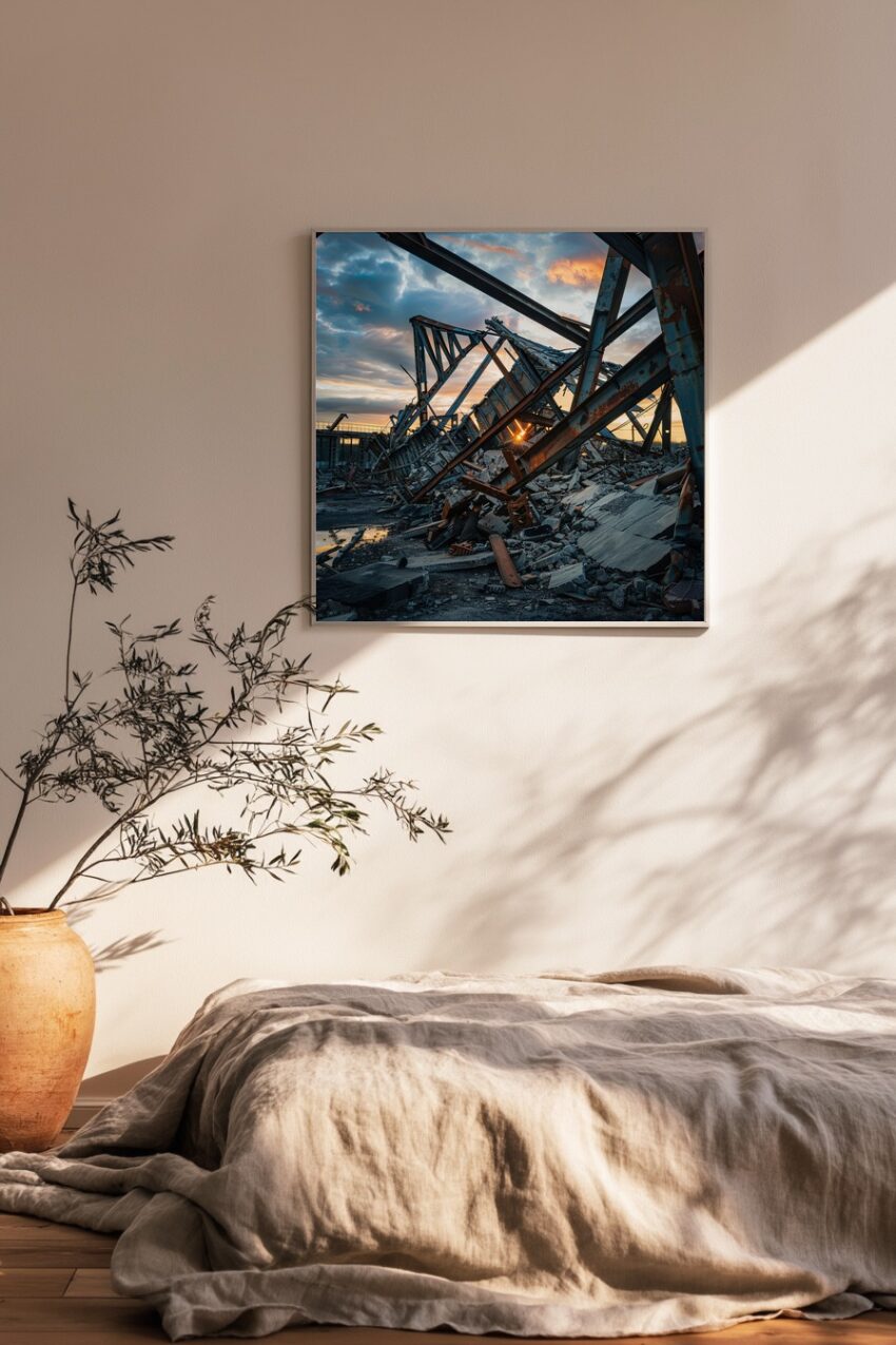 Fotografie Poster Industrieruine Sonnenuntergang rostig