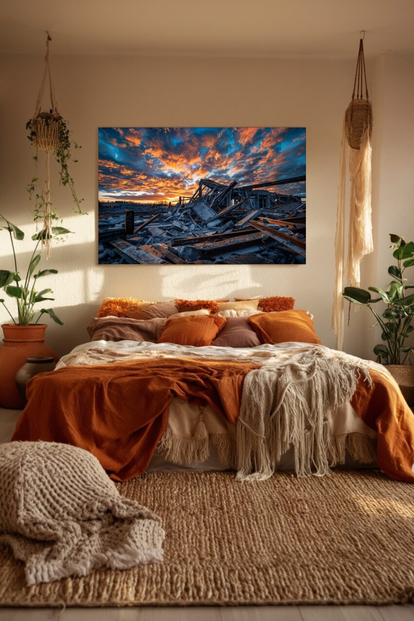 Fotografie Poster Ruine Sonnenuntergang orange blau