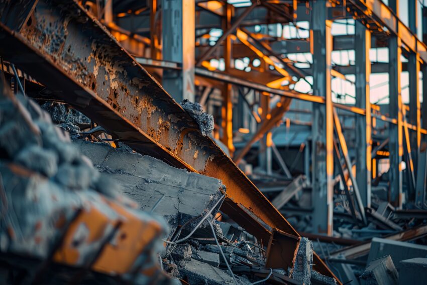 Fotografie Poster Industrieruine Stahlträger rostig orange grau