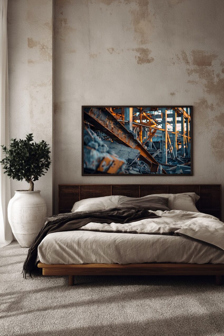 Fotografie Poster Industrieruine Stahlträger rostig orange grau