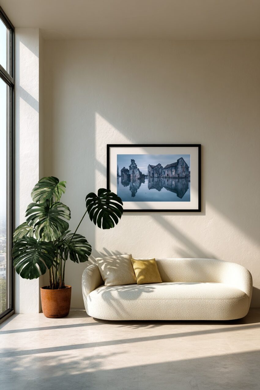 Fotografie Poster Ruine Wasser Spiegelung blau