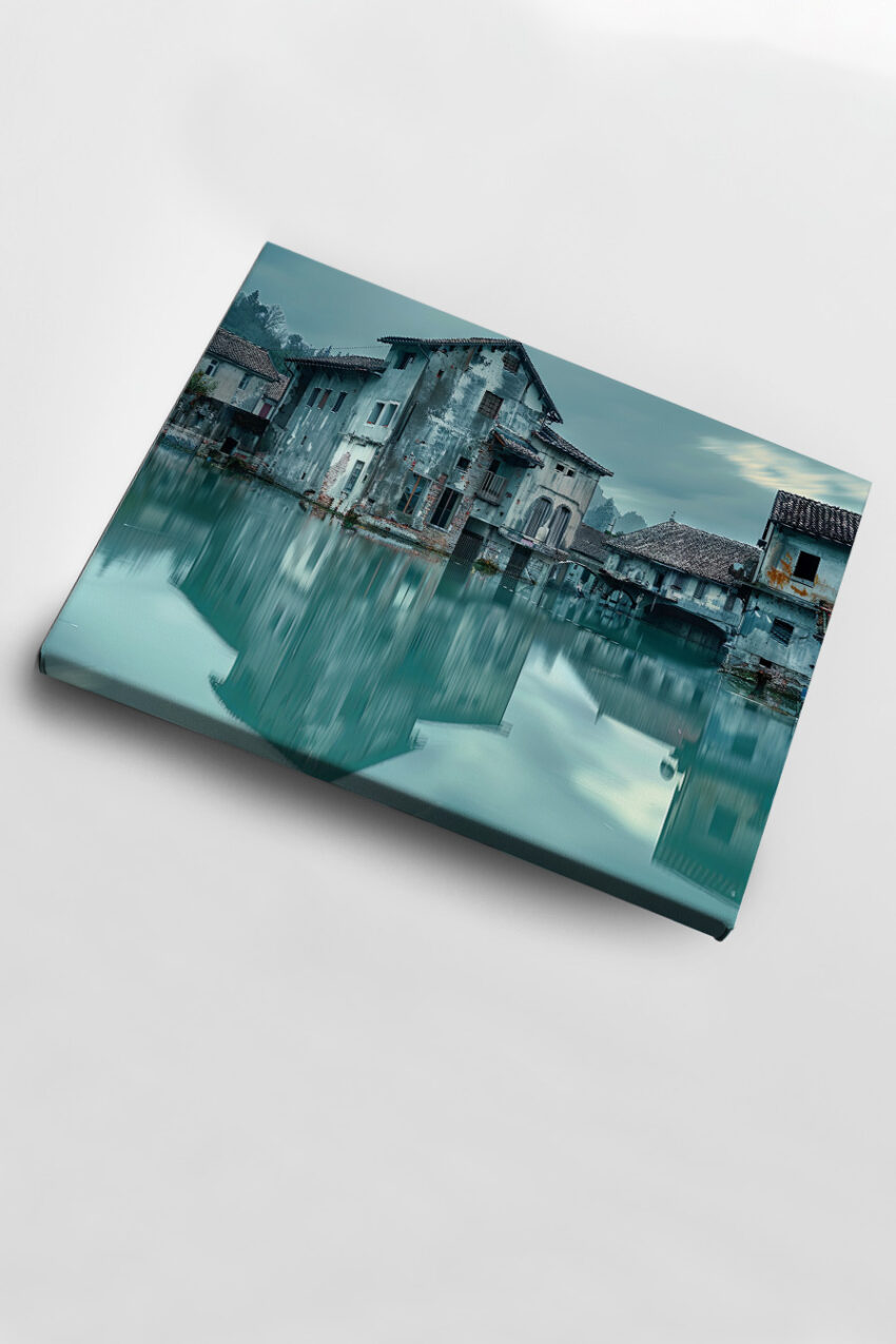 Fotografie Poster Haus am Wasser verfallen blau-grün