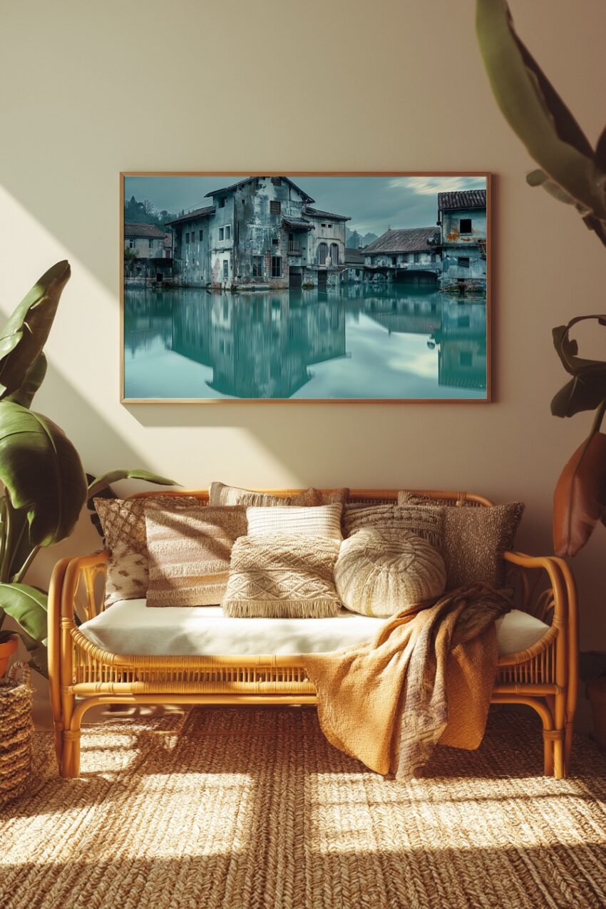 Fotografie Poster Haus am Wasser verfallen blau-grün