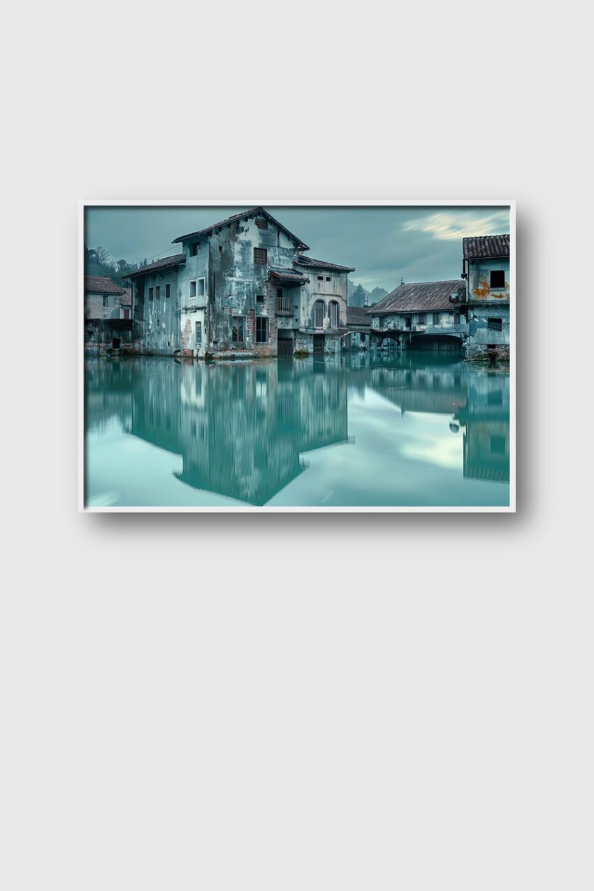 Fotografie Poster Haus am Wasser verfallen blau-grün