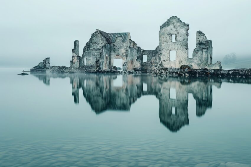 Fotografie Poster Ruine Wasser Spiegelung monochrom