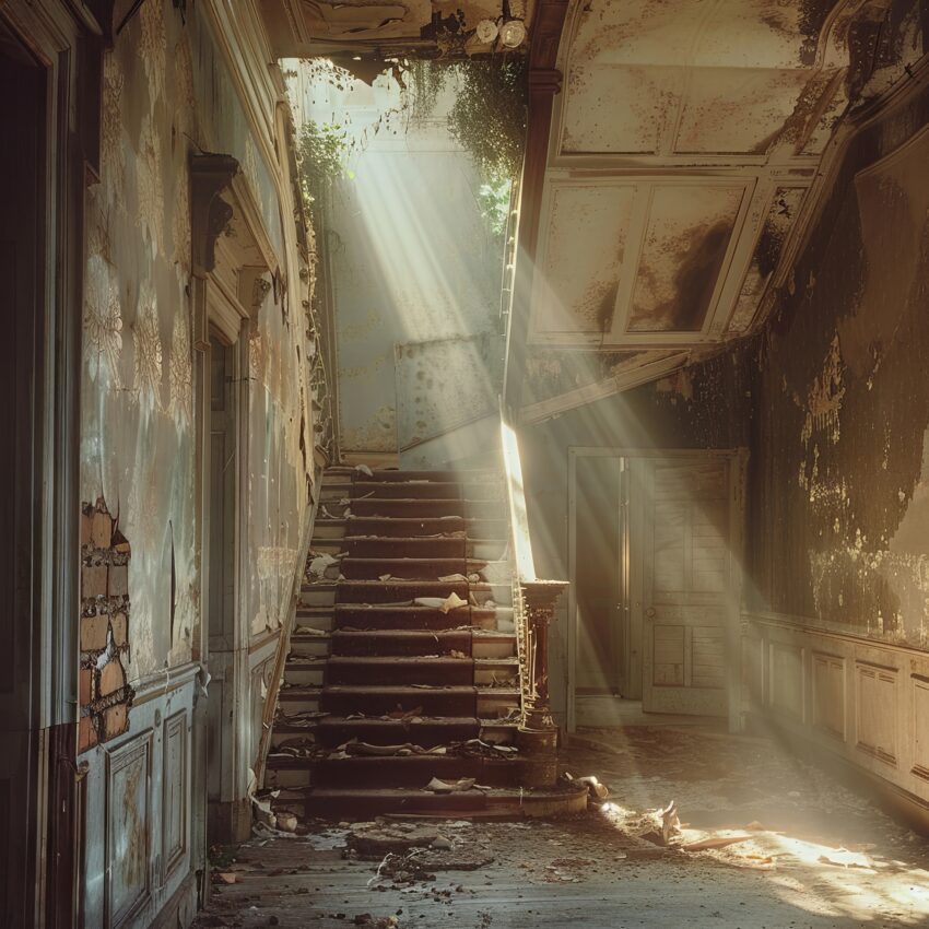 Fotografie Poster verlassene Treppe Lichtstrahlen warm