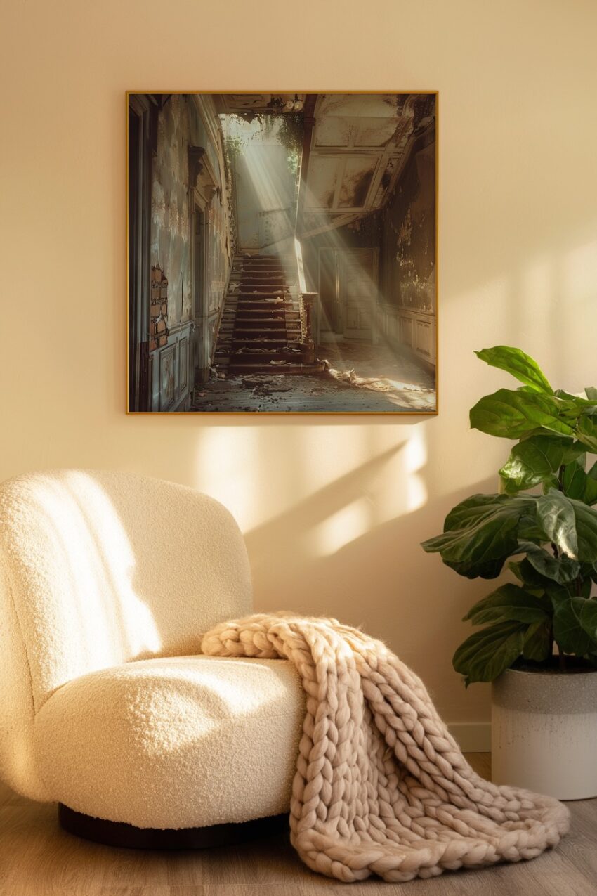 Fotografie Poster verlassene Treppe Lichtstrahlen warm