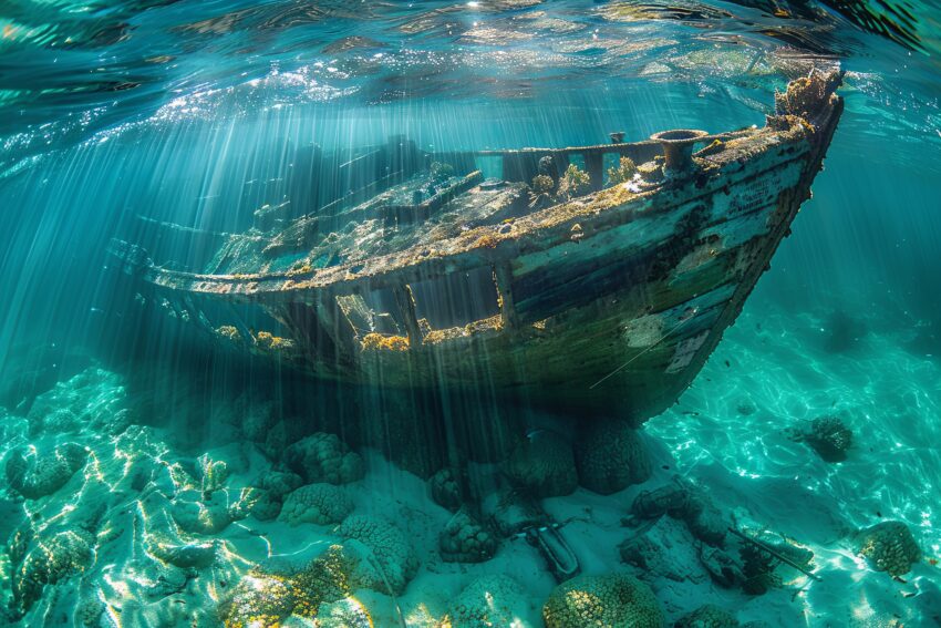 Fotografie Poster Schiffswrack Unterwasser blau grün