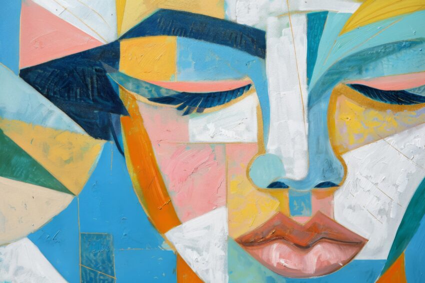 Malerei Poster Gesicht abstrakt kantig blau orange