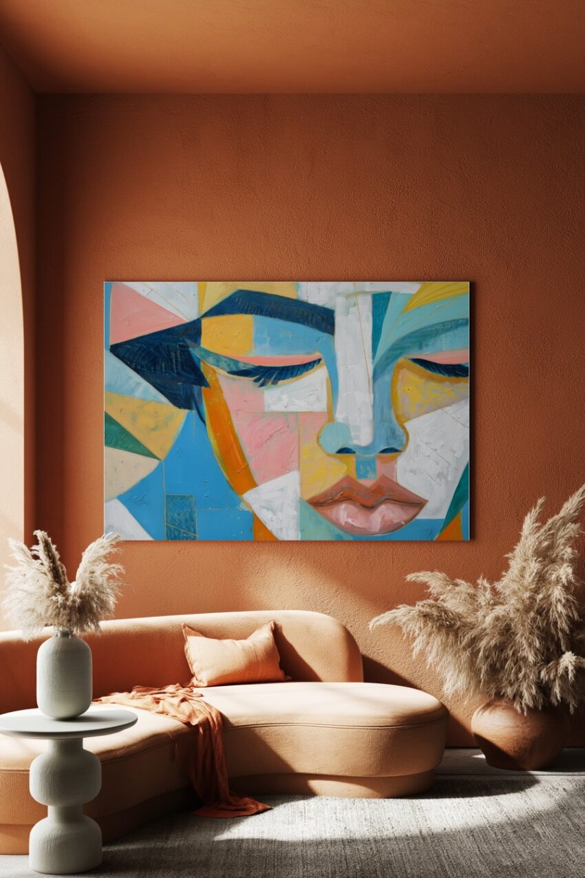 Malerei Poster Gesicht abstrakt kantig blau orange