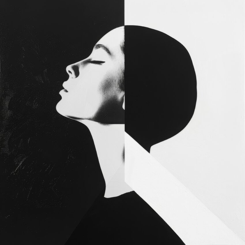 Grafik Poster Frau Profil schwarz weiß Kontrast Halbkreis