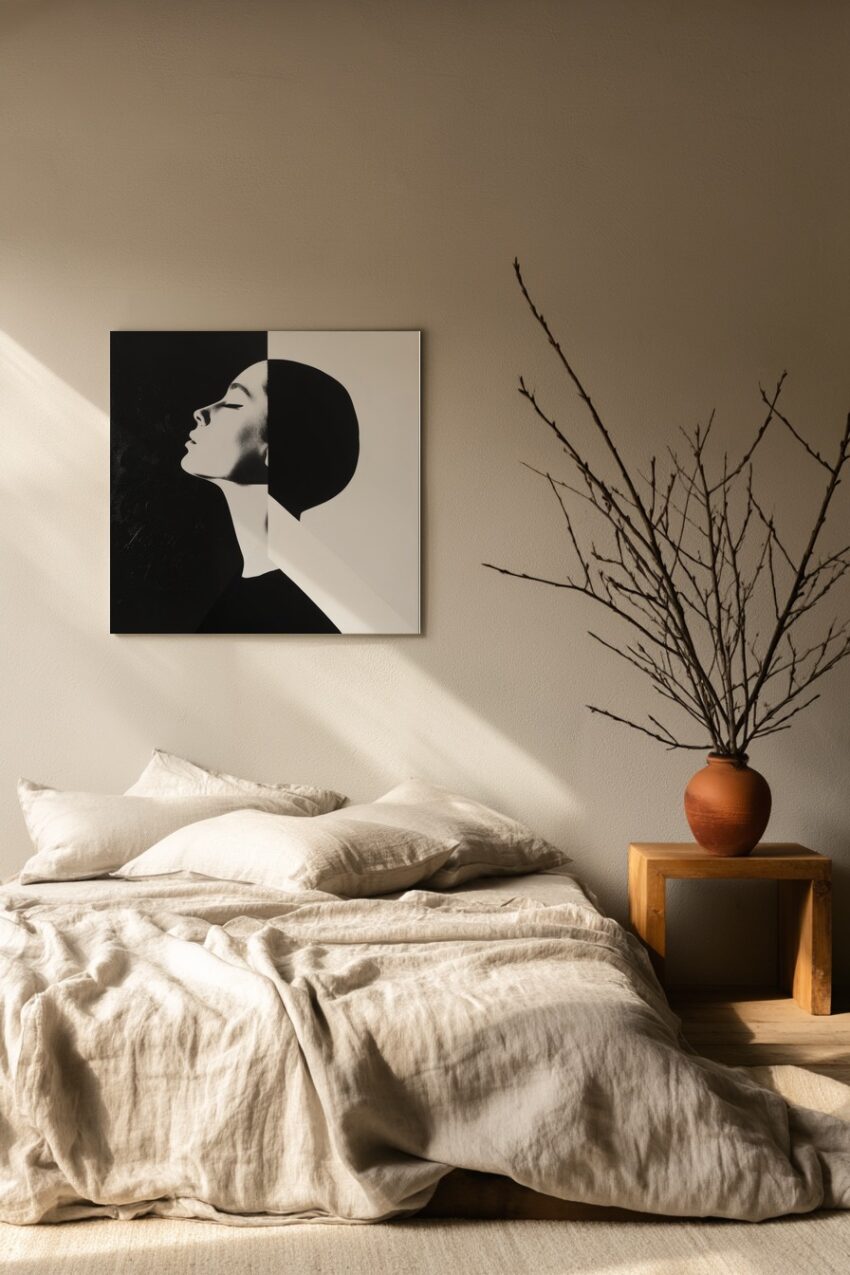 Grafik Poster Frau Profil schwarz weiß Kontrast Halbkreis